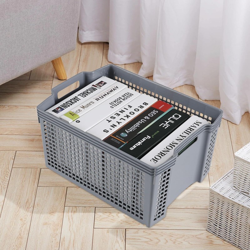 Gitany 2 Pack Plastic Stackable Basket, Large Storage Basket, Grey