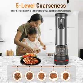 Electric Salt and Pepper Grinder Set, Upgraded 2-Speed Setting, External 5 Adjustable Coarseness, Battery Display Rechargeable Base, Stainless Steel Automatic Salt & Pepper Shakers Mill with LED Light