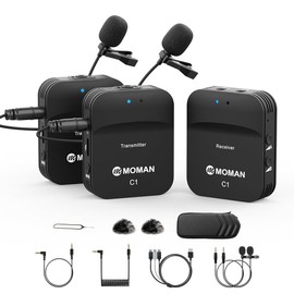Wireless Pin Microphone, Moman C1X Volume Adjustment, Noise Cancelling, Mute Function, Wireless Microphone System for SLR Cameras, Smartphones, Computers, 2 Transmitters & 1 Receiver, Webinar