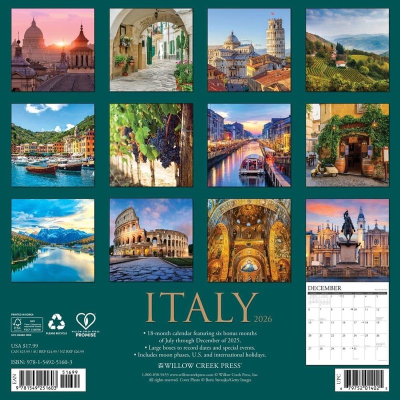 Willow Creek Press, Italy 2026 Wall Calendar, 12'' X 12'',