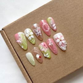 MAGLFELL MAGLFELL Press On Nails - Medium Almond Handmade Unique Fake Nails, Artistic Design, Thick Acrylic and Muti-Layer Gel False Nails-Small size