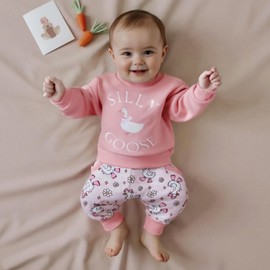 LZUBCPY Baby Girl Silly Goose Outfit Sweatshirt Little Geese Flower Jogger Pants Cute 2Pcs Toddler Fall Winter Clothes 0-3Y (Pink, 18-24 Months)