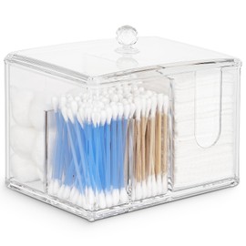 IWTTWY Acrylic Cotton Pad Dispenser, Cosmetic Organiser, Cotton Pads Storage with Lid, Transparent Cotton Buds Holder, Dressing Table Accessories for Living Room, Bedroom, Bathroom
