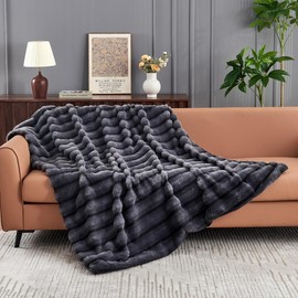 Gusuhome Faux Fur Queen Blanket for Couch - Luxurious Faux Rabbit Fur Bed Blanket Reversible - Cozy Warm Fluffy Fuzzy Plush Striped Blanket for Sofa Bedroom Living Room - 90x90 Inches Gray