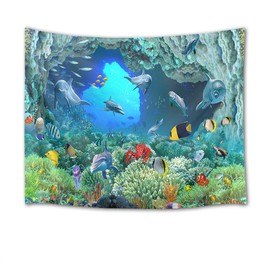 HVEST Dolphin Tapestry Tropical Fish and Coral Reef in Cave Under Deep Sea Wall Hanging Ocean Tapestries for Kids Bedroom Living Room Dorm Birthday Party Wall Decor,80Wx60H inches
