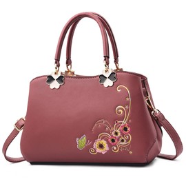 FOLOVEYA Elegant Women Handbags Flowers Embroidery Ladies Small Top Handle Bag PU Leather Crossbody Bag Satchel Shoulder Bags for Shopping Travel Work Dating Dark Pink C