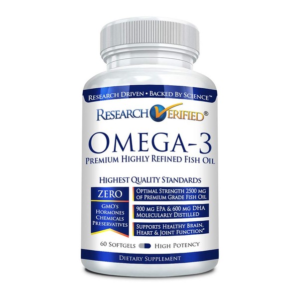 Research Verified® Omega-3 MD - Fish Oil 2500mg - EPA 900mg, DHA 600mg - Cardiovascular Health, Cognitive Function, and Joint Support - 60 Softgels - 1 Month Supply