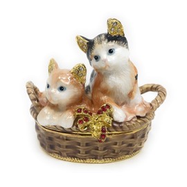 Kubla Crafts Enameled Kittens in Basket Trinket Box, Accented with Austrian Crystals, 2.25 Inches Tall