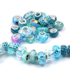 60 Pcs European Assorted Large Hole Spacer Beads, Assortments Metal Resin Charm Beads Rhinestone Beads, Supplies for DIY Necklace Bracelets Jewelry Making（Light Blue）