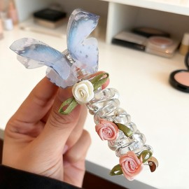 4PC Pearl Butterfly Telephone Wire Hair Ties – Spiral Elastic Bubble Ponytail Hair Bands for Women & Girls, No Damage, Soft & Stretchy Hair Accessories for High Ponytails and Braids(set-B)