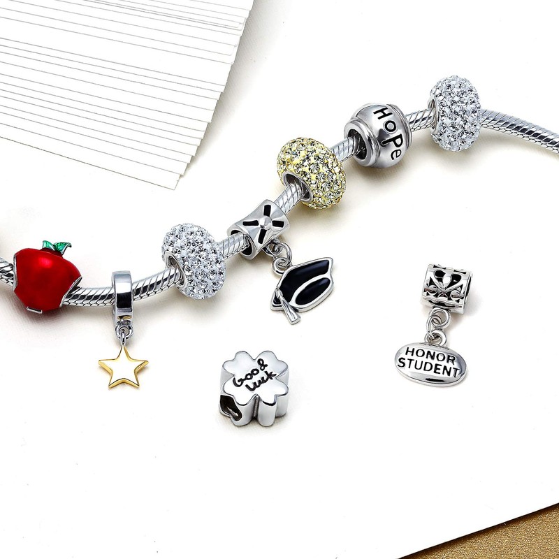 Black Enamel Graduation Cap Dangle Charm Bead .925 Sterling Silver