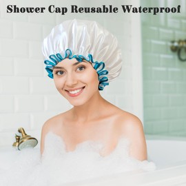 choshion Shower Cap Reusable Waterproof, Large Shower Cap for Women, Shower Caps for Braids Long Hair, Double Layer Satin Plastic Hair Cap for Shower