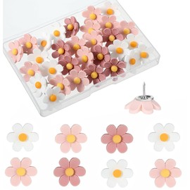 30 x Push Pins, Thumb Tacks for Bulletin Board, Flower Decorative Pins and Tacks, Cork Board Thumbtacks, Cute Thumbtack for Office Decorative (Pink)