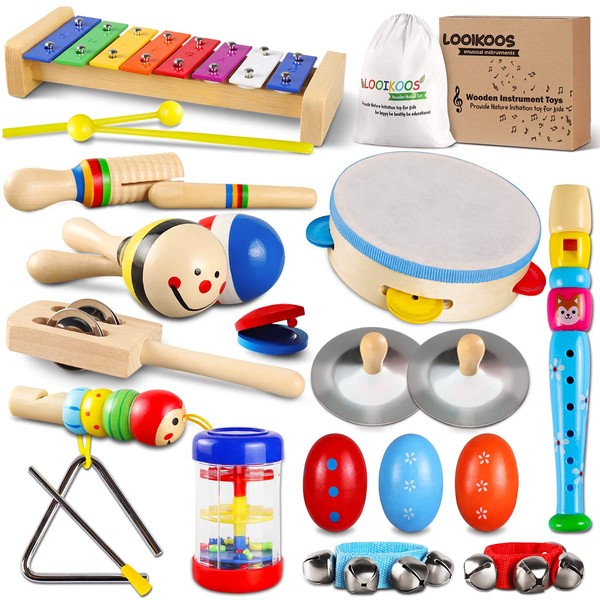 LOOIKOOS Toddler Musical Instruments Set Wooden Percussion Instruments Toy for