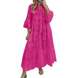 chouyatou Women's 2025 Lace Eyelet Embroidery Maxi Dress V-Neck Trumpet Sleeve Boho Flowy Swing Dress (XX-Large, Rose Red)