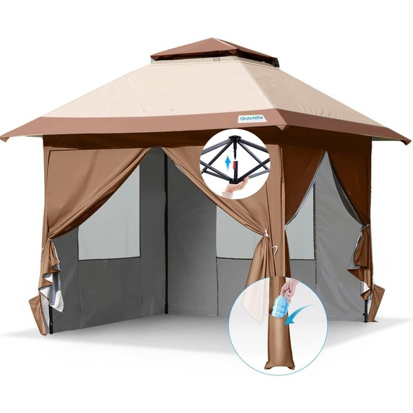 Quictent 13'x13' Pop up Gazebo Canopy Tent with Sidewalls, One Person Setup Easy Outdoor Party Tent Enclosed Waterproof, 169 sqft Shade, Beige/Khaki