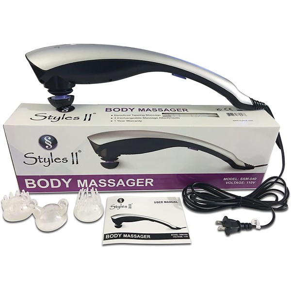 SS Styles II Therapeutic Percussion Body Massager - 3 Variable Attachments To Relieve Knots, Pains, Stiffness & Fatigue In Neck, Shoulders, Feet, Hips, Back, Thigh & More - Great For Home & Travel Use