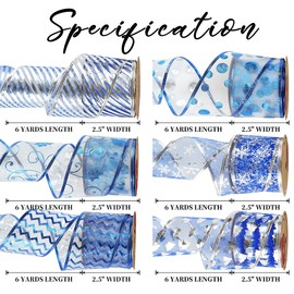 MEEDEE Blue Ribbon for Christmas Tree 2.5 Inch 6 Rolls 36 Yards Royal Blue Ribbon for Christmas Tree Christmas Ribbon Set Ribbon for Christmas Tree Decoration Blue Snowflake Ribbon