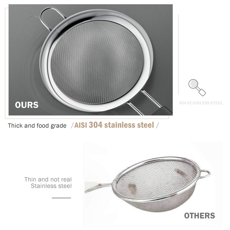IPOW stainless steel kitchen strainer, premium fine sieve with thickened