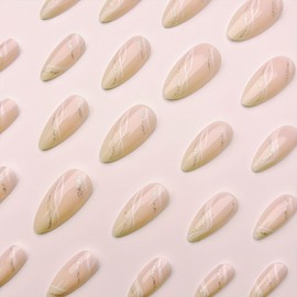 Almond Press on Nails Medium Fake Nails White False Nails with Silver Line Designs Cute Gloss Artificial Acrylic Nail Natural Reusable Glue on Nail for Women Girls Manicure 24Pcs