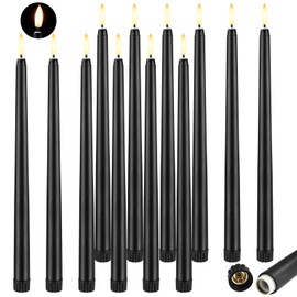 Baquler 12 Pcs Black Flameless Taper Candles 12.4 Inch, Battery Operated Taper Candles LED Warm 3D Wick Flickering Candlesticks for Church Wedding Home Decor Halloween Christmas Hanukkah New Year