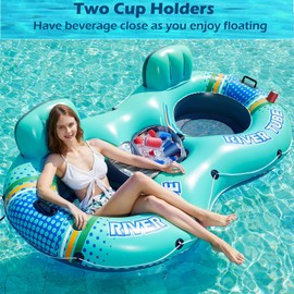 Jasonwell Heavy Duty 2 Person Inflatable River/Pool Tube Float with Removable Cooler, Tubes for Lake, Floating River Raft Lounge Floatie with 2 cup Holders For Adults, Cyan