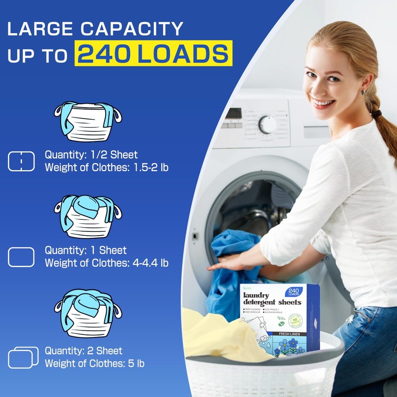 Soulink Laundry Detergent Sheets Fresh Linen Scent 240 Loads，Eco Friendly