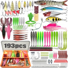 FOLANDO 193PCS Fishing Lure Kit - Mixed Hard/Soft Lures, Hooks, Weights, Spinner Baits for Freshwater & Saltwater Fishing