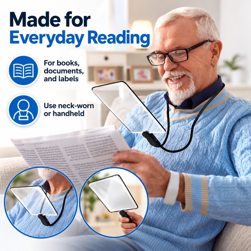 5X Neck-Worn Magnifying Glass for Reading – Adjustable Hands-Free Large