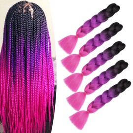 Dcbaboo Braids Extensions Synthetic Hair for Braiding 5 Pieces Ombre Braiding Hair Kanekalon Hair for Braiding Hair Extensions Braids Afro Crochet Box Braids Braiding 500 g, Black & Purple & Rose
