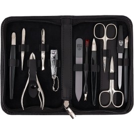 3 Swords Germany – Brand Quality 12 Piece Manicure Pedicure Grooming kit Set for Professional Finger & Toe Nail Care with Black Genuine Leather case - Made in Germany