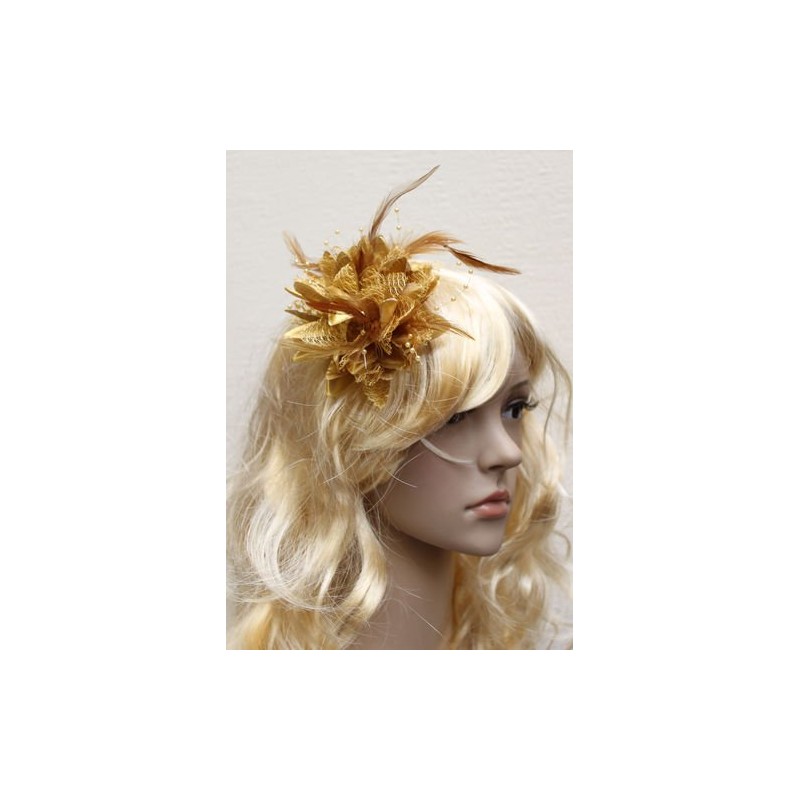 Gold Flora Feather Bead Corsage Hair Fascinator on Hairband Clip
