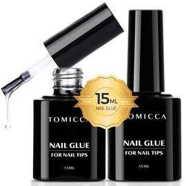 Tomicca Nail Glue for Artificial Nails Nail Glue 2 x 15 ml 4 in 1 Gel Nail Glue for Tips Extra Strong Nail Glue Gel Nail Glue Nail Glue Gel for Fake Nails - Need Curing Under UV-Nail Light