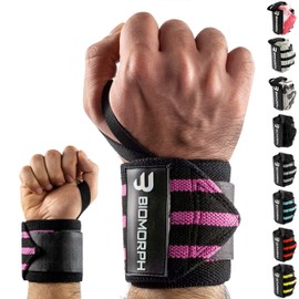 BIOMORPH Professional Wrist Wraps 54 cm for Fitness, Bodybuilding, Strength Sports & Crossfit, Wrist Wraps for Women and Men (Pink Stripes)
