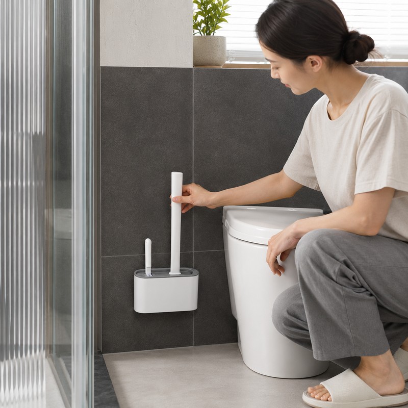 Wall-Mounted Silicone Toilet Brush Set with Holder & Detail Brush,