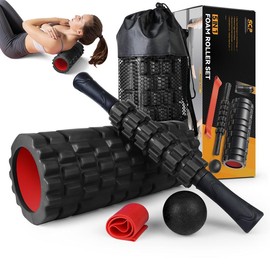 5 in1 Foam Roller Set, Trigger Point Foam Rollers, Massage Roller Stick, Massage Ball, Resistance Band for Deep Muscle Massage Pilates Yoga,Fitness Exercise for Whole Body - Color: Black