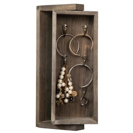 Owlgift Wood Free Standing Tabletop Jewelry Cabinet Stand, Wall Mount 360° Swivel Mirror with Jewelry Organizer Armoire, 6 Hooks Hanger for Ring, Bracelet, Key – Gray, 13.3” x 4.6” x 4.8”