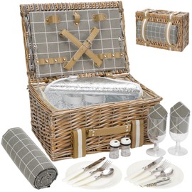 Wicker Picnic Basket for 2 - Willow Basket with Waterproof Picnic Blanket | Willow Picnic Set with Insulated Cooler | Wicker Hamper with Cutlery Kit | Gift Basket for Christmas, Thanks Giving, Grey