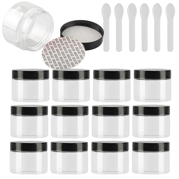 TIANZD Pack of 24 Small Plastic Empty Cream Tin with Black Lid Empty Box Screw Box Tin Cosmetic Container Jars 6 Spatulas Plastic, transparent