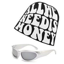 Women Beanie Hat with Fashion Technology Feeling Y2k Glasses Beanie Hip Hop Knitted Letter Jacquard Hat Elastic Skull Cap (A Black White)