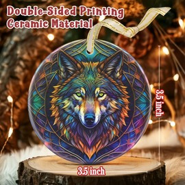 Christmas Ornament - Wolf Decor Round Ceramic - Wolf Hanging Ornament - Christmas Tree Decor - Ornaments for Christmas Tree - Gifts for Wolf Lovers - Wolf Themed Gifts