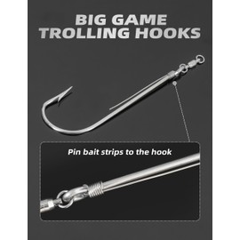 BLUEWING Strip Trolling Hook with Ball-Bearing Swivel 2pcs Stainless Steel Big Game Trolling Hooks Long Shank Saltwater Fishing Hooks Wahoo Bonita Strip Hook 12/0