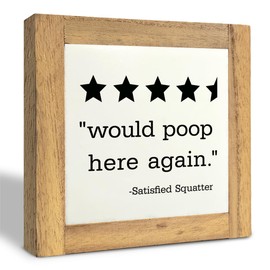 Funny Restroom Wood Plaque Sign, Would Poop Here Again, Box Wood Plaques Desk Décor 5.9×5.9×0.7inch, Star Wood Plaque, Restroom Humor, Shelf Art Décor, Small Signs for Home Decor Shelf D