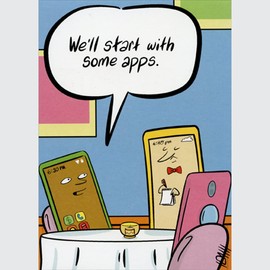 Oatmeal Studios Phones at Restaurant Starting with Apps Funny/Humorous Birthday Card