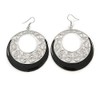 Black Enamel Cut Out Hoop Earrings in Silver Tone/75mm Drop