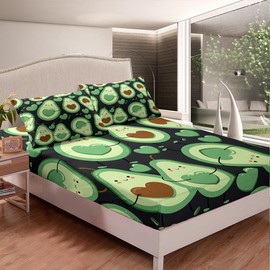 Homemissing Cartoon Avocado Fitted Sheet 140 x 200 cm Cute Tropical Fruit Bed Sheet Set Couples Fitted Sheet for Boys Girls Children Teenagers Love Bedroom Decor Green with 1 Pillowcase