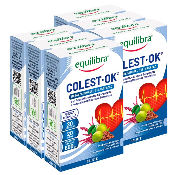 6x Equilibra Colest OK Cholesterol Metabolism with Fermented Red Rice and Bergamot Extract - 6 Packs of 20 Tablets
