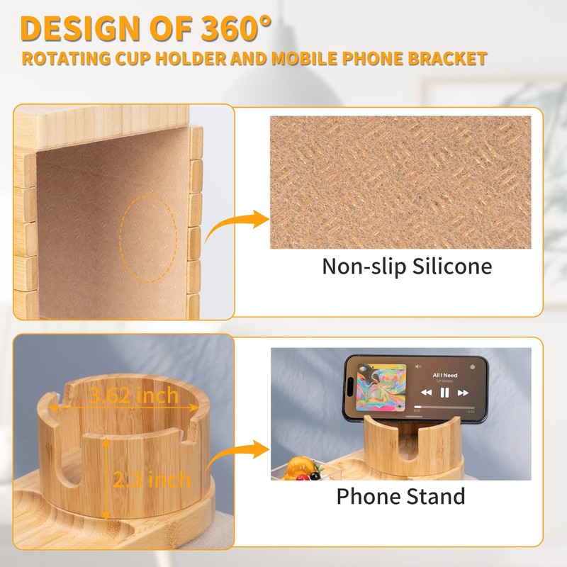 Bamboo Couch Cup Holder-Sofa Table Fits Most Sofas,3-in-1 Tray for