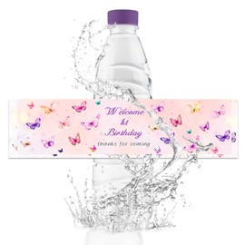 URROMA 50 Pack First Birthday Water Bottle Labels, Waterproof Drink Packaging, Colorful Butterfly Bottle Stickers for Happy 1st Birthday Party Supplies Decoration