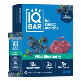 IQBAR Brain and Body Plant Protein Bars - Wild Blueberry - 12-Count - Keto, Vegan, Low Carb, High Fiber, Gluten Free, Dairy Free, Low Sugar Snack with Nutrients for Focus, Energy, Meal Replacement